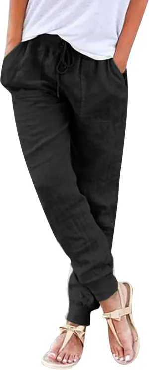 Linen Pants For Women 2025 Petite Summer Drawstring Elastic High Waist Comfy 2025 Lounge Vacation Tapered Trousers