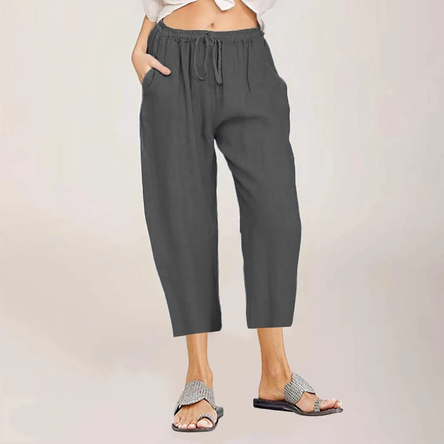 Linen Pants Women Summer Casual 2025 Capri Pants Drawstring Elastic High Waist Cropped Trousers with Pockets