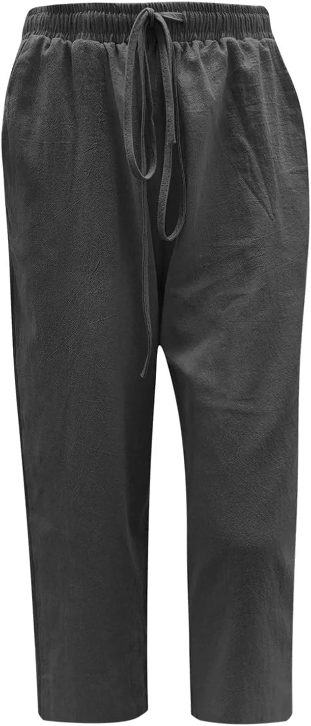 Linen Pants Women Summer Casual 2025 Capri Pants Drawstring Elastic High Waist Cropped Trousers with Pockets