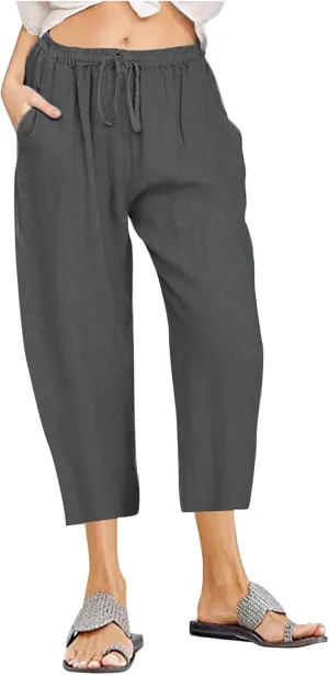 Linen Pants Women Summer Casual 2025 Capri Pants Drawstring Elastic High Waist Cropped Trousers with Pockets