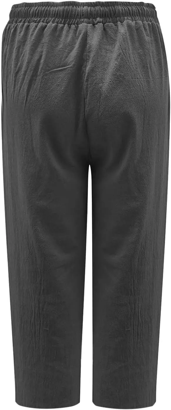 Linen Pants Women Summer Casual 2025 Capri Pants Drawstring Elastic High Waist Cropped Trousers with Pockets