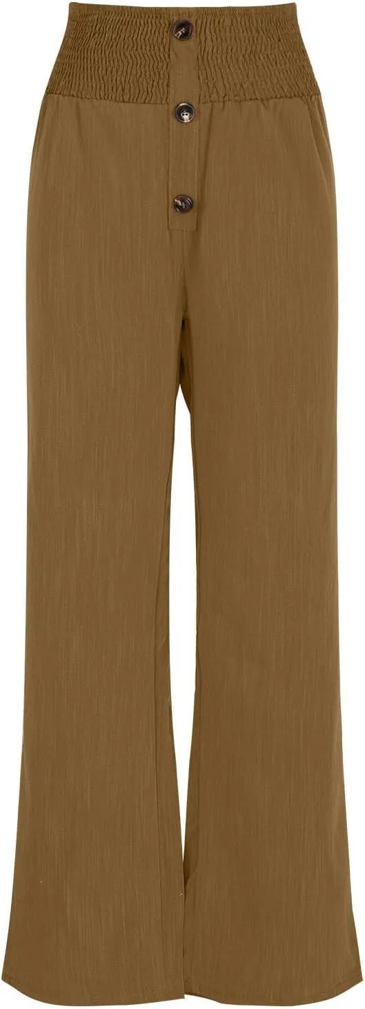 Linen Pants Women Summer,Wide Leg High Waisted Palazzo Pants Loose Casual Smocked Paperbag Trousers Summer Outfits
