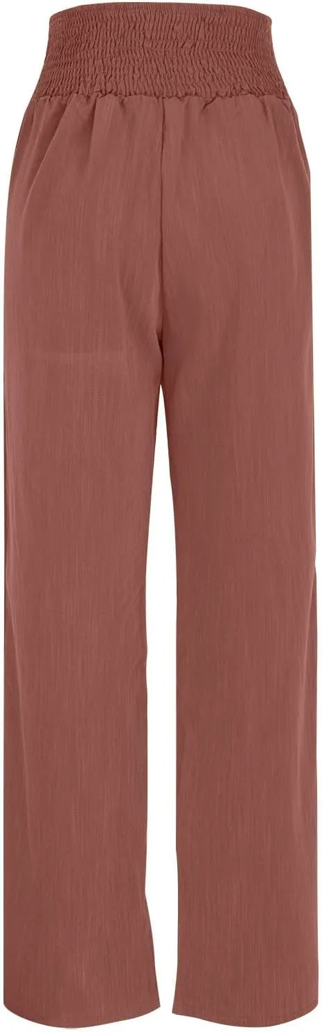 Linen Pants Women Summer,Wide Leg High Waisted Palazzo Pants Loose Casual Smocked Paperbag Trousers Summer Outfits