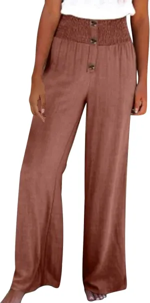 Linen Pants Women Summer,Wide Leg High Waisted Palazzo Pants Loose Casual Smocked Paperbag Trousers Summer Outfits