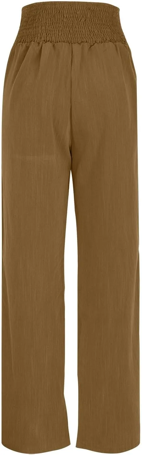 Linen Pants Women Summer,Wide Leg High Waisted Palazzo Pants Loose Casual Smocked Paperbag Trousers Summer Outfits
