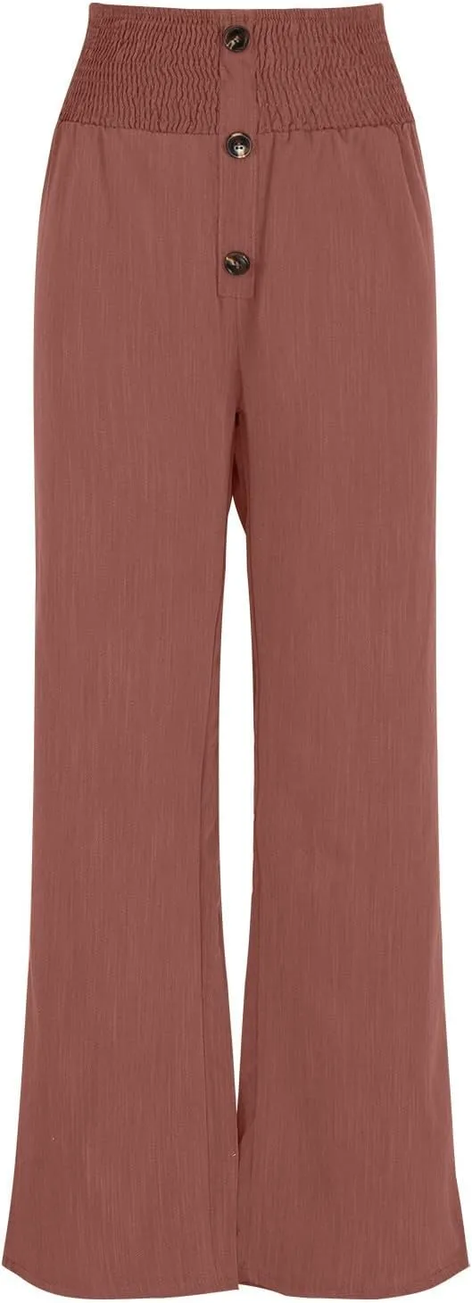 Linen Pants Women Summer,Wide Leg High Waisted Palazzo Pants Loose Casual Smocked Paperbag Trousers Summer Outfits