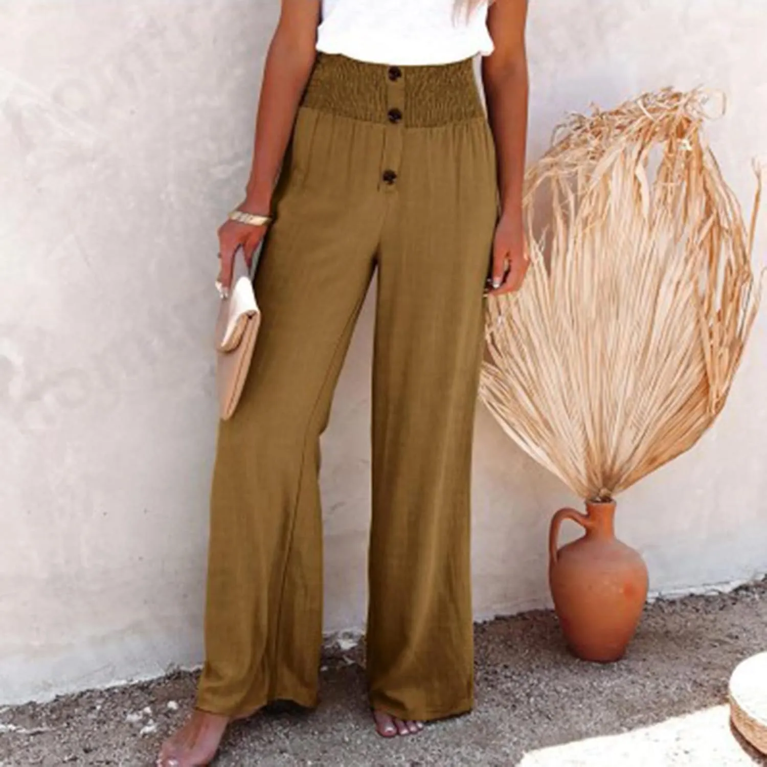Linen Pants Women Summer,Wide Leg High Waisted Palazzo Pants Loose Casual Smocked Paperbag Trousers Summer Outfits