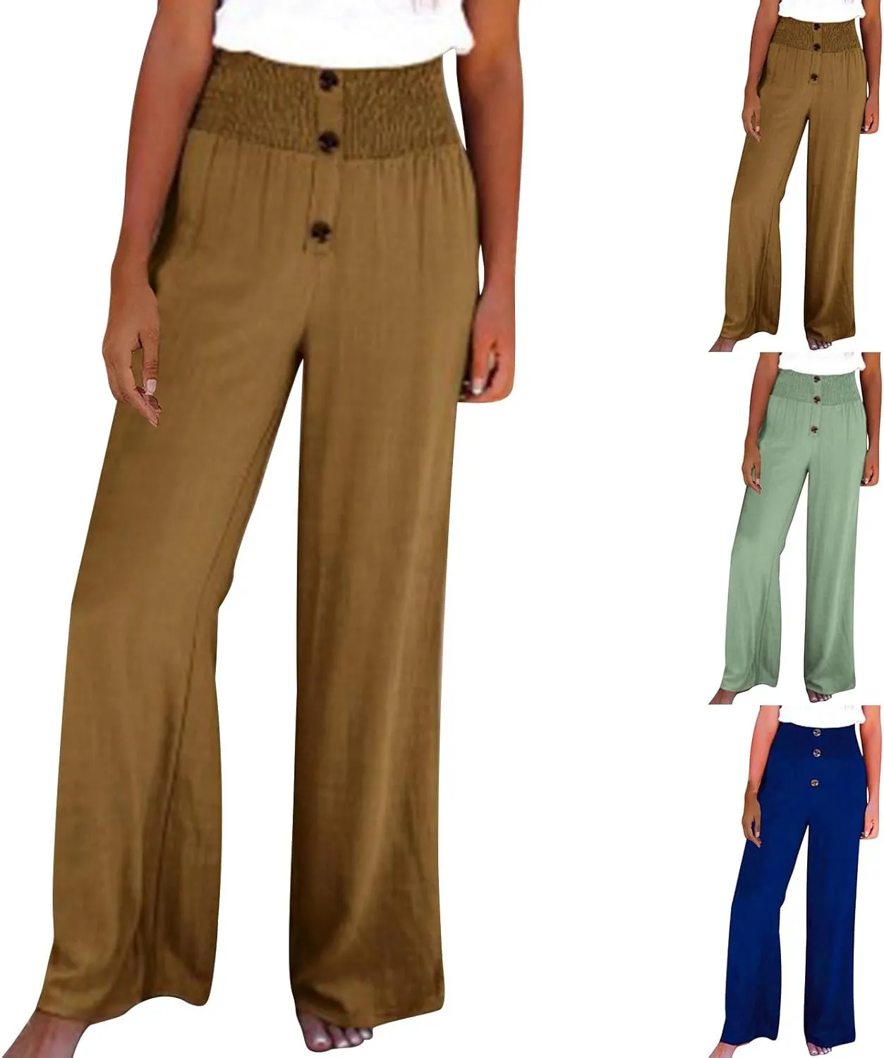 Linen Pants Women Summer,Wide Leg High Waisted Palazzo Pants Loose Casual Smocked Paperbag Trousers Summer Outfits