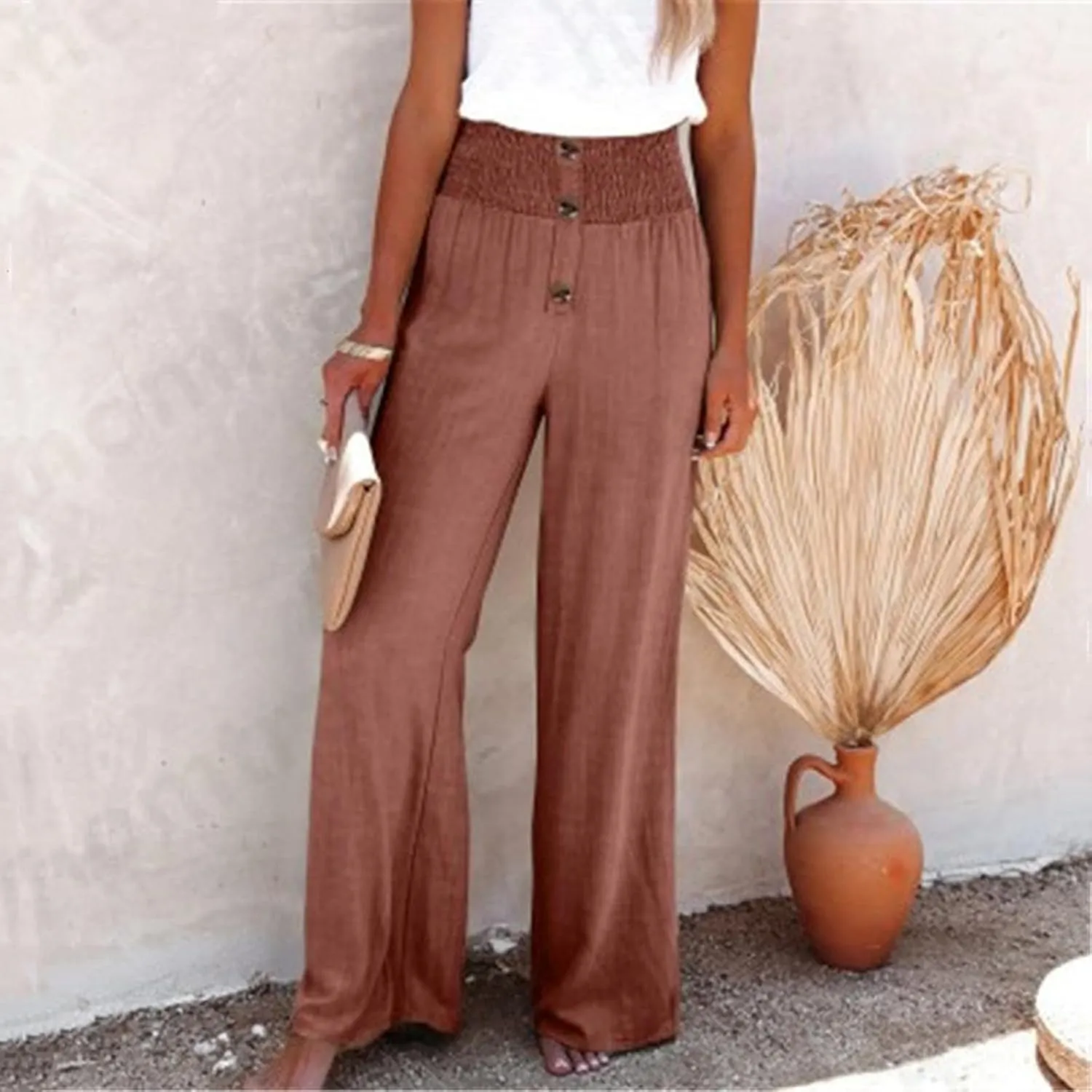 Linen Pants Women Summer,Wide Leg High Waisted Palazzo Pants Loose Casual Smocked Paperbag Trousers Summer Outfits