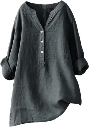 Linen Shirts for Women 3/4 Sleeve V Neck Blouses Buttons Plus Size Loose Fit T-Shirts Solid Color Summer Holiday Tops