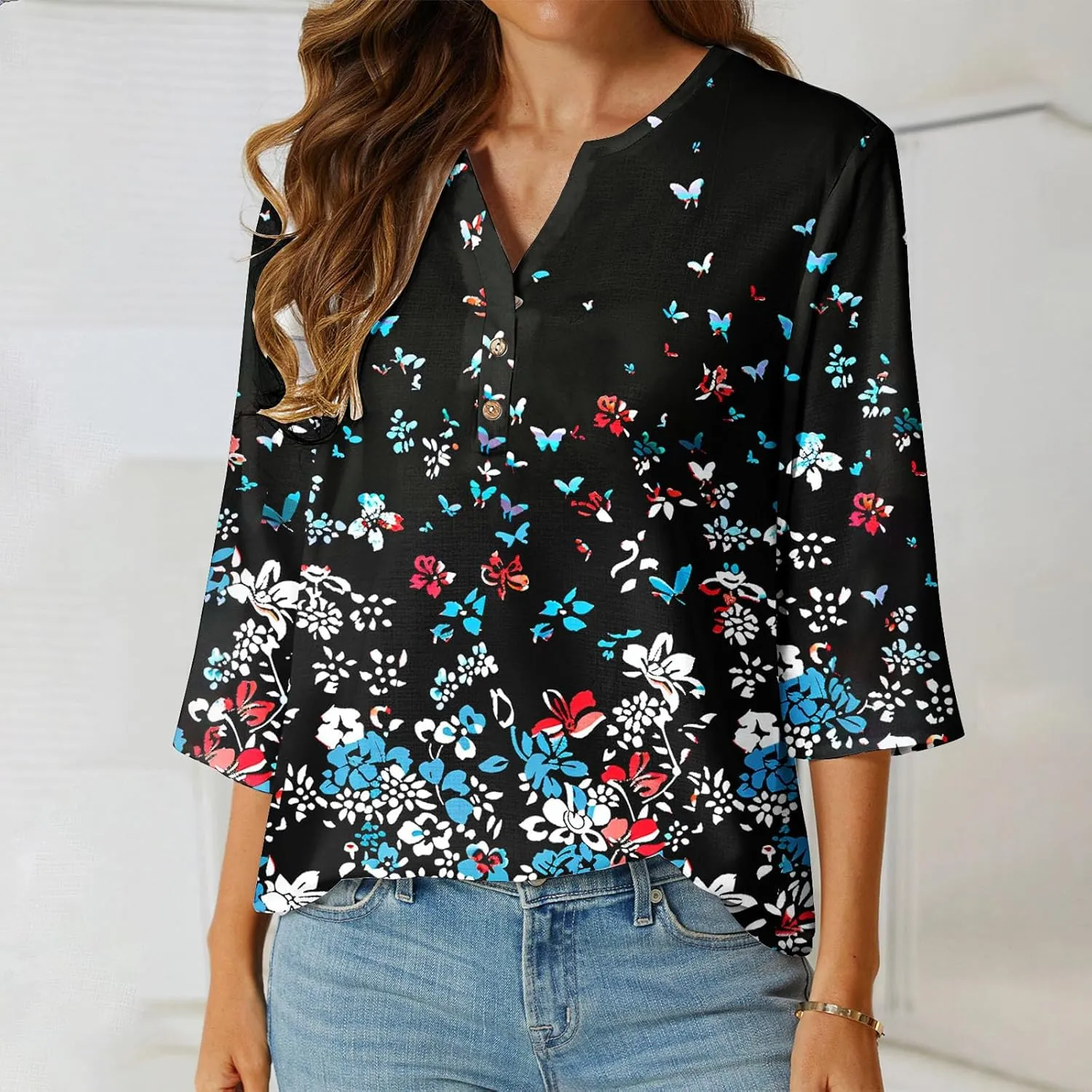 Linen Shirts for Women Boho Floral Shirt Button V Neck T Shirts Summer Vacation 3/4 Sleeve Tops Trendy Fashion Tops