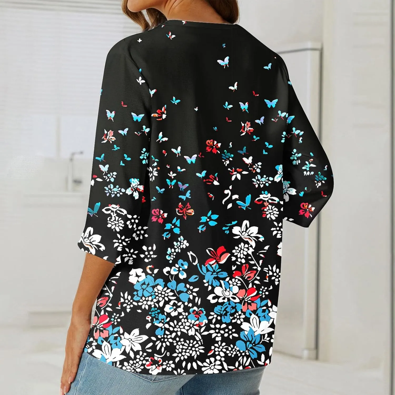 Linen Shirts for Women Boho Floral Shirt Button V Neck T Shirts Summer Vacation 3/4 Sleeve Tops Trendy Fashion Tops