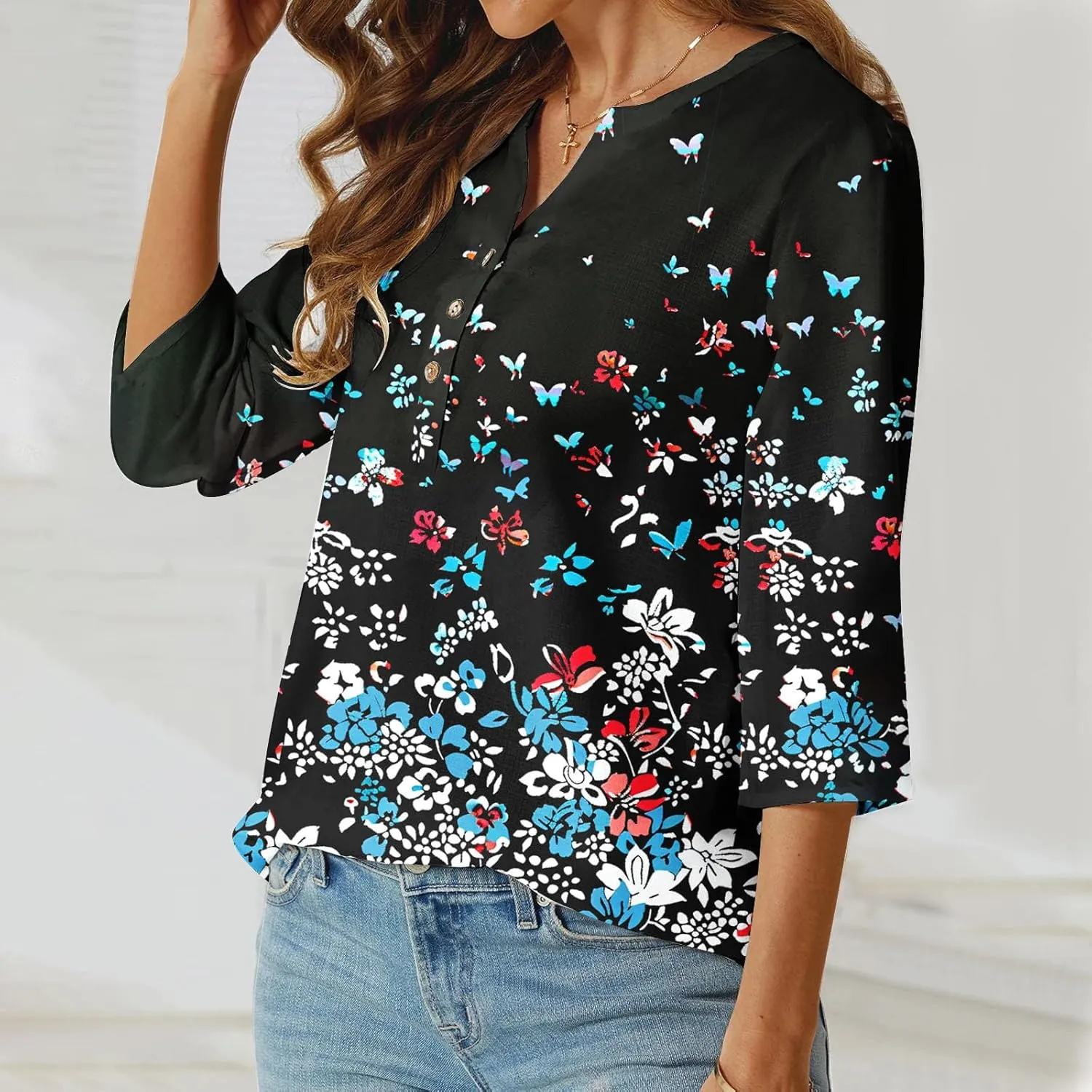 Linen Shirts for Women Boho Floral Shirt Button V Neck T Shirts Summer Vacation 3/4 Sleeve Tops Trendy Fashion Tops