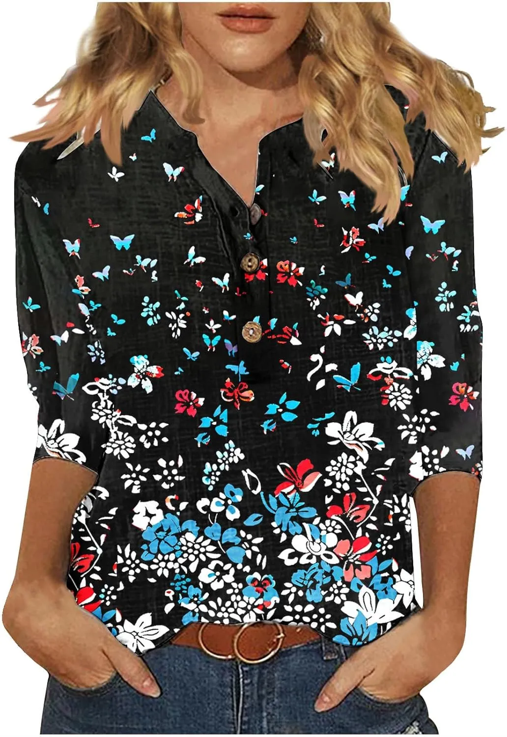 Linen Shirts for Women Boho Floral Shirt Button V Neck T Shirts Summer Vacation 3/4 Sleeve Tops Trendy Fashion Tops