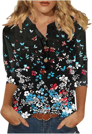 Linen Shirts for Women Boho Floral Shirt Button V Neck T Shirts Summer Vacation 3/4 Sleeve Tops Trendy Fashion Tops