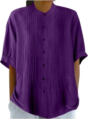Linen Shirts for Women Casual Half Sleeve High Neck Blouses Casual Cotton Linen Lightweight Summer Boho Tops