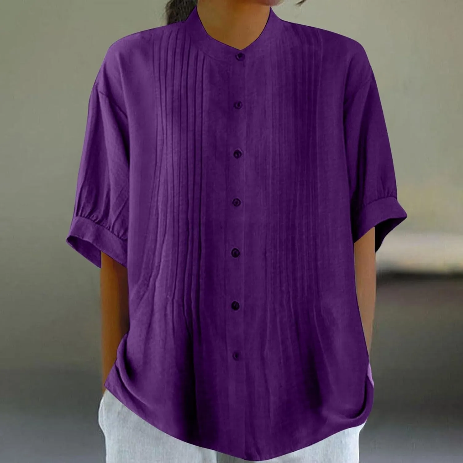 Linen Shirts for Women Casual Half Sleeve High Neck Blouses Casual Cotton Linen Lightweight Summer Boho Tops