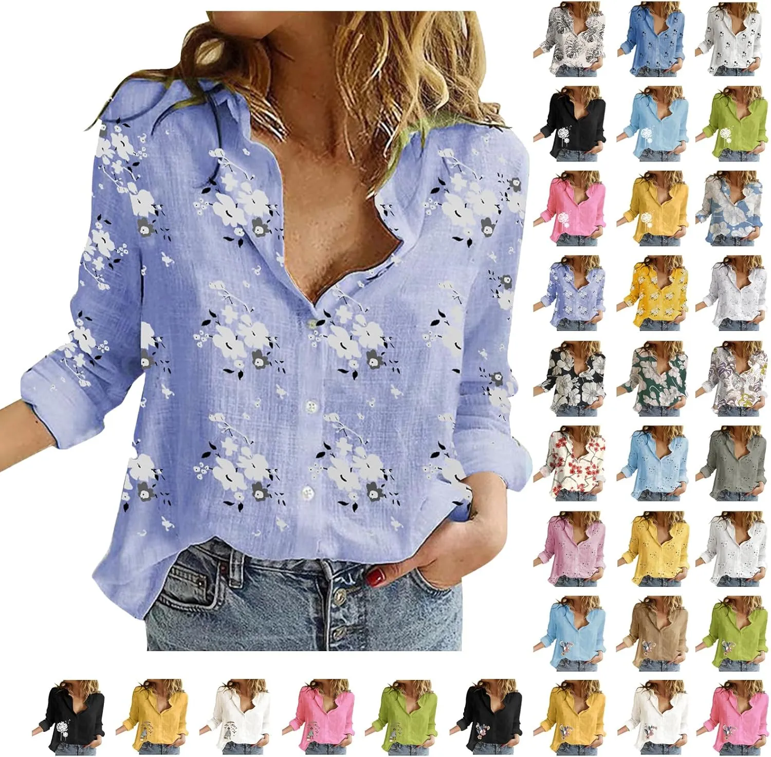 Linen Shirts for Women Summer Boho Floral Print Tops Elegant V Neck Button Casual Cotton Linen T Shirt Long Sleeve