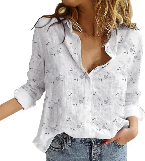 Linen Shirts for Women Summer Boho Floral Print Tops Elegant V Neck Button Casual Cotton Linen T Shirt Long Sleeve