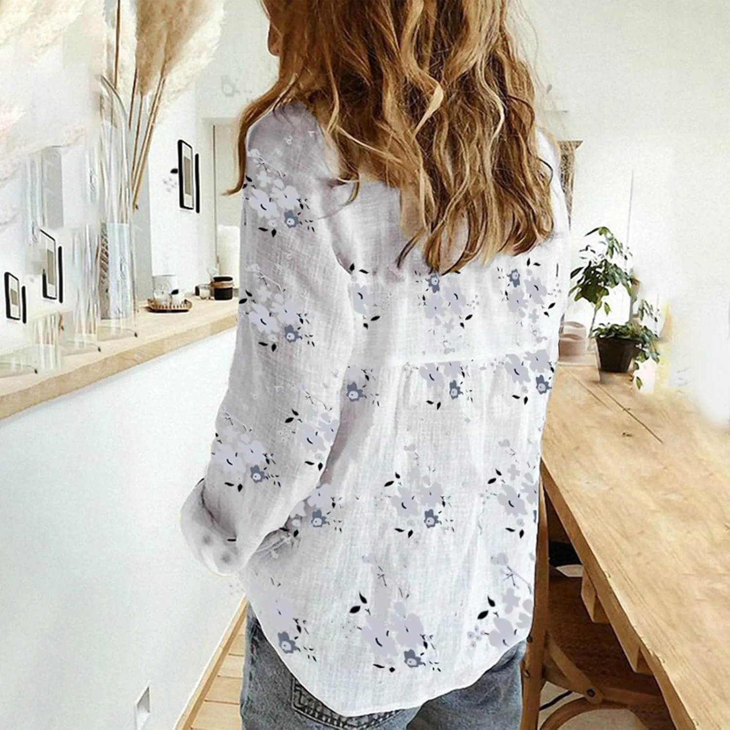 Linen Shirts for Women Summer Boho Floral Print Tops Elegant V Neck Button Casual Cotton Linen T Shirt Long Sleeve