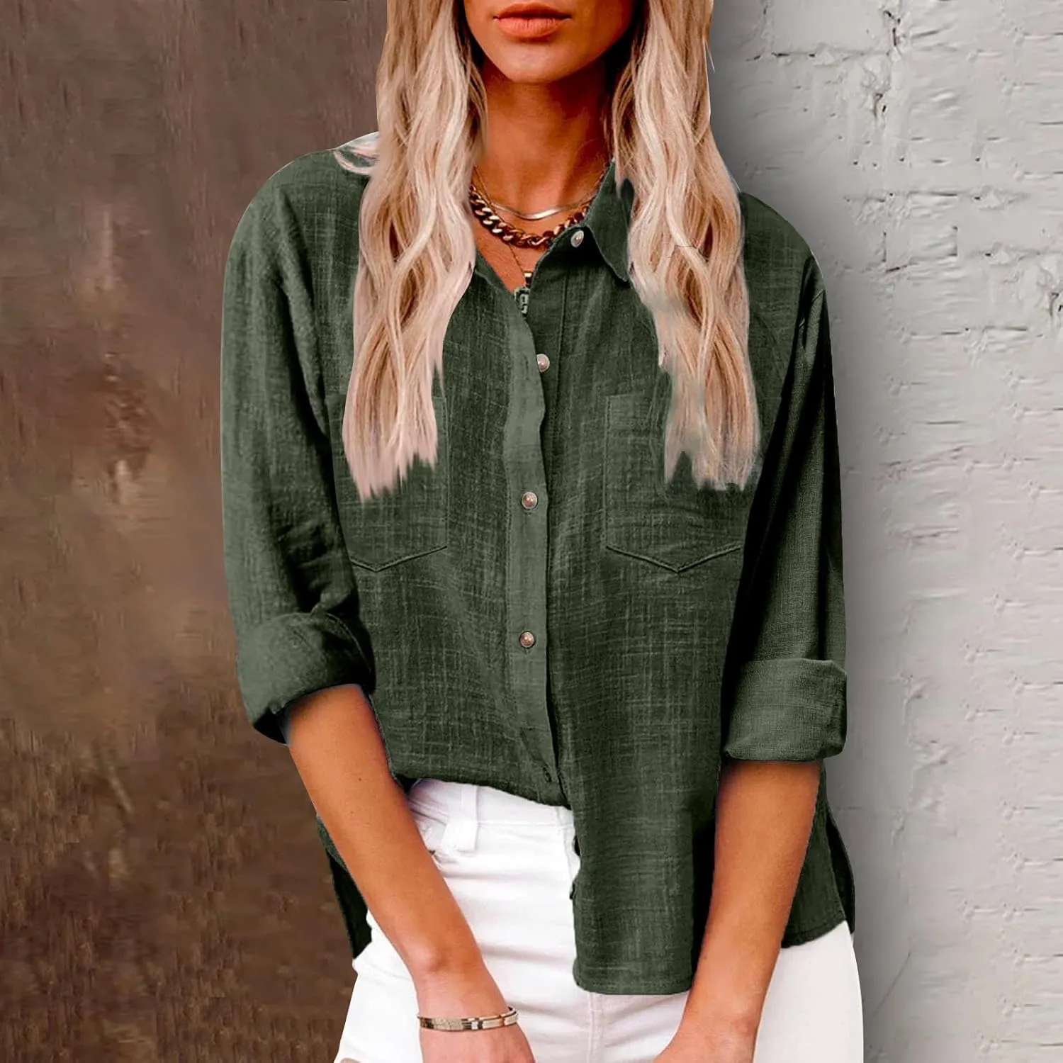 Linen Tops for Women Cotton Linen Button Down Shirt Casual Lightweight Long Sleeve Solid Colorloose Work Blouses
