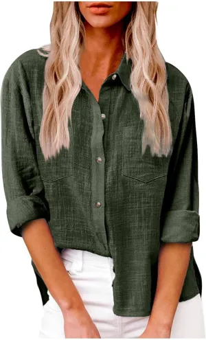 Linen Tops for Women Cotton Linen Button Down Shirt Casual Lightweight Long Sleeve Solid Colorloose Work Blouses