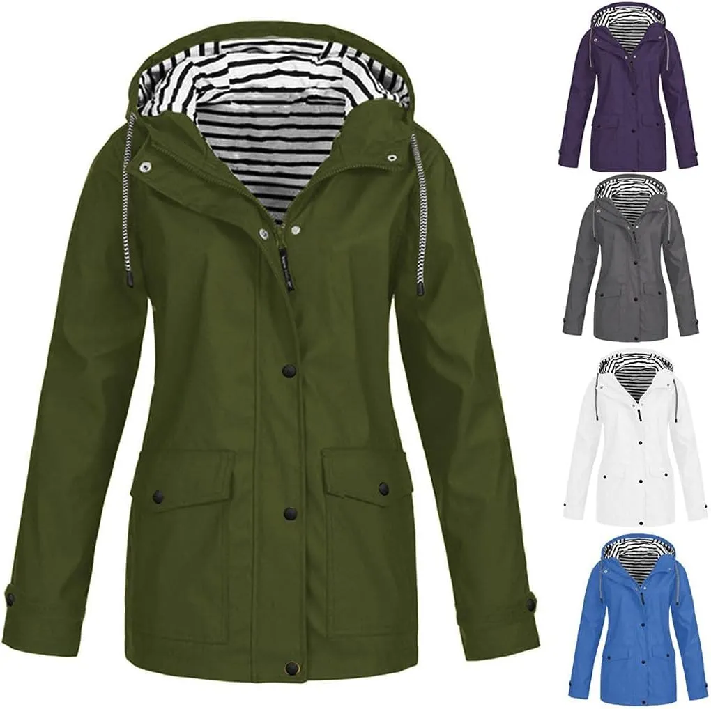 LIXIAO Womens Military Style Trench Coats Hooded Windbreaker Waterproof Long Sleeve Tunic Outdoor Buttons Zipper Rain Jacket