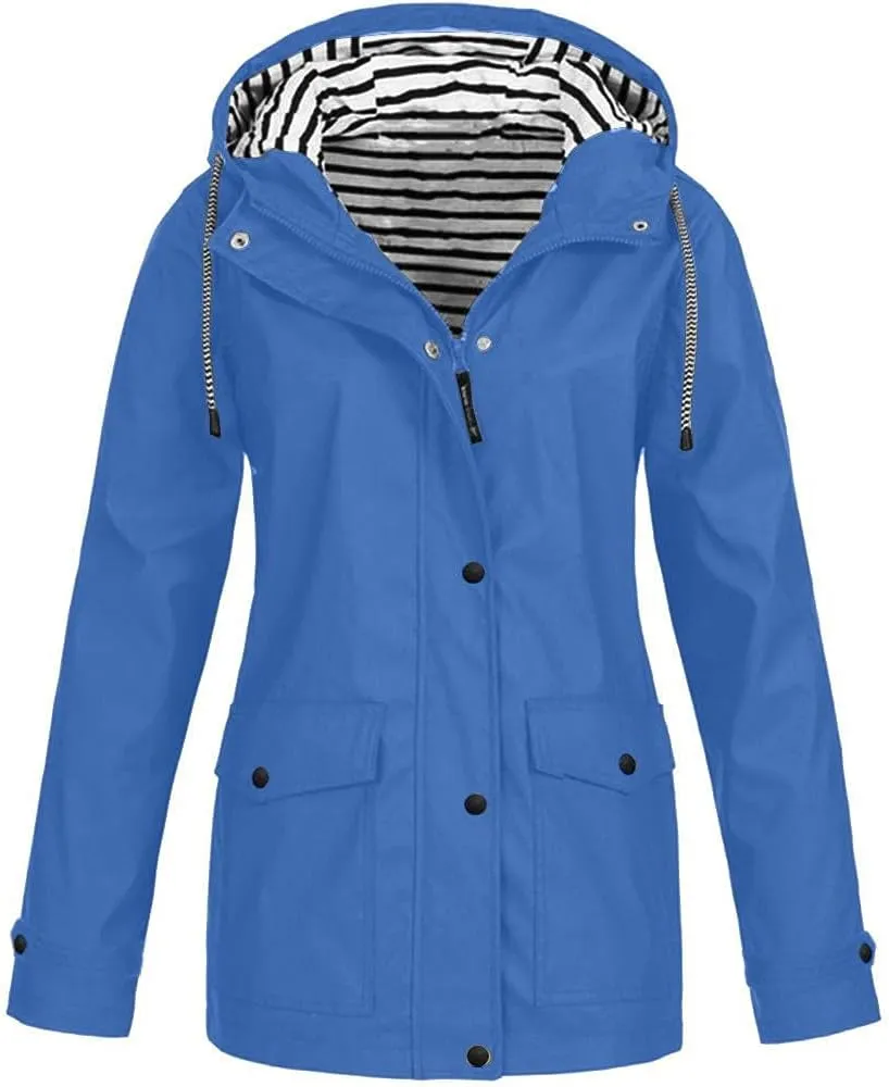 LIXIAO Womens Military Style Trench Coats Hooded Windbreaker Waterproof Long Sleeve Tunic Outdoor Buttons Zipper Rain Jacket
