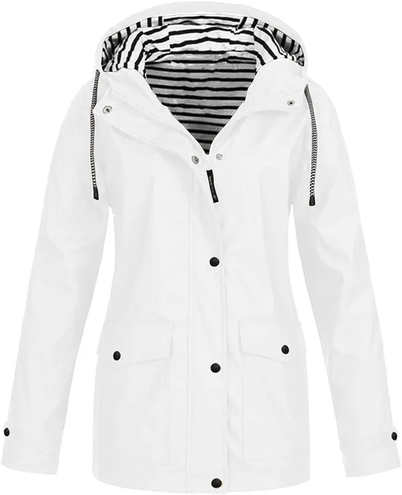 LIXIAO Womens Military Style Trench Coats Hooded Windbreaker Waterproof Long Sleeve Tunic Outdoor Buttons Zipper Rain Jacket