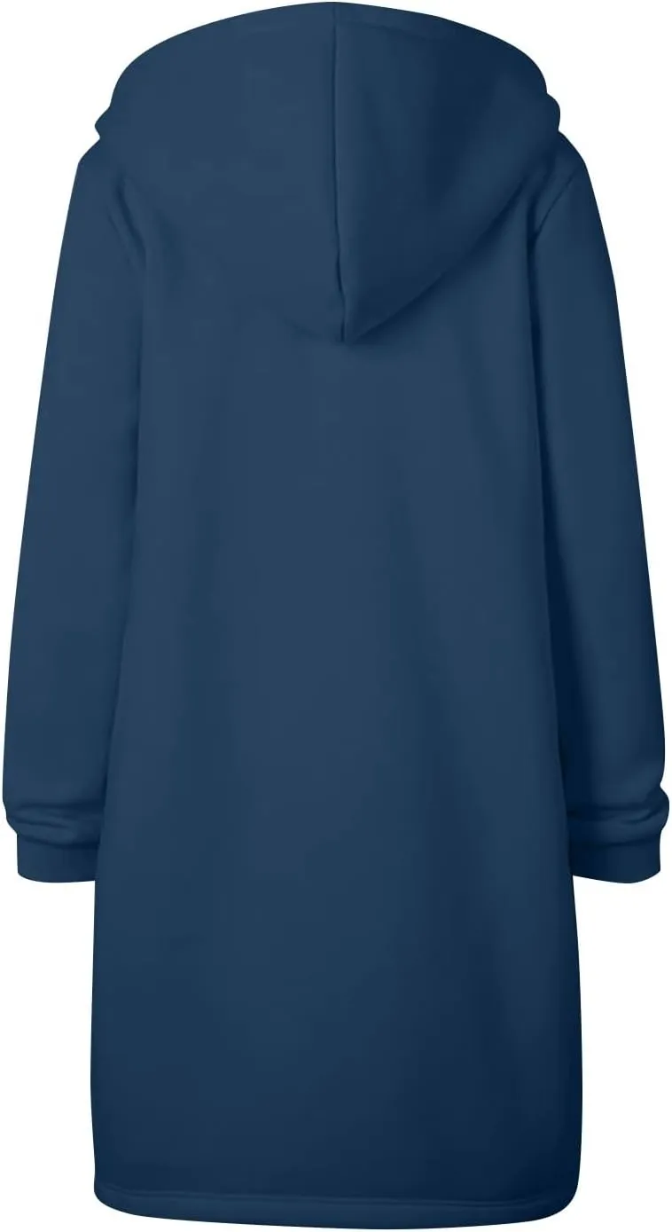 Long Hoodie Women Zip Up Tunic Sweatshirt Fall Hooded Jacket Coat Drawstring Open Front Cardigan with Pockets