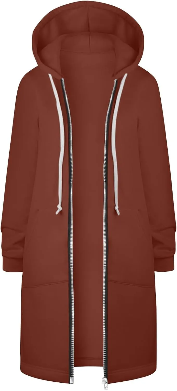 Long Hoodie Women Zip Up Tunic Sweatshirt Fall Hooded Jacket Coat Drawstring Open Front Cardigan with Pockets