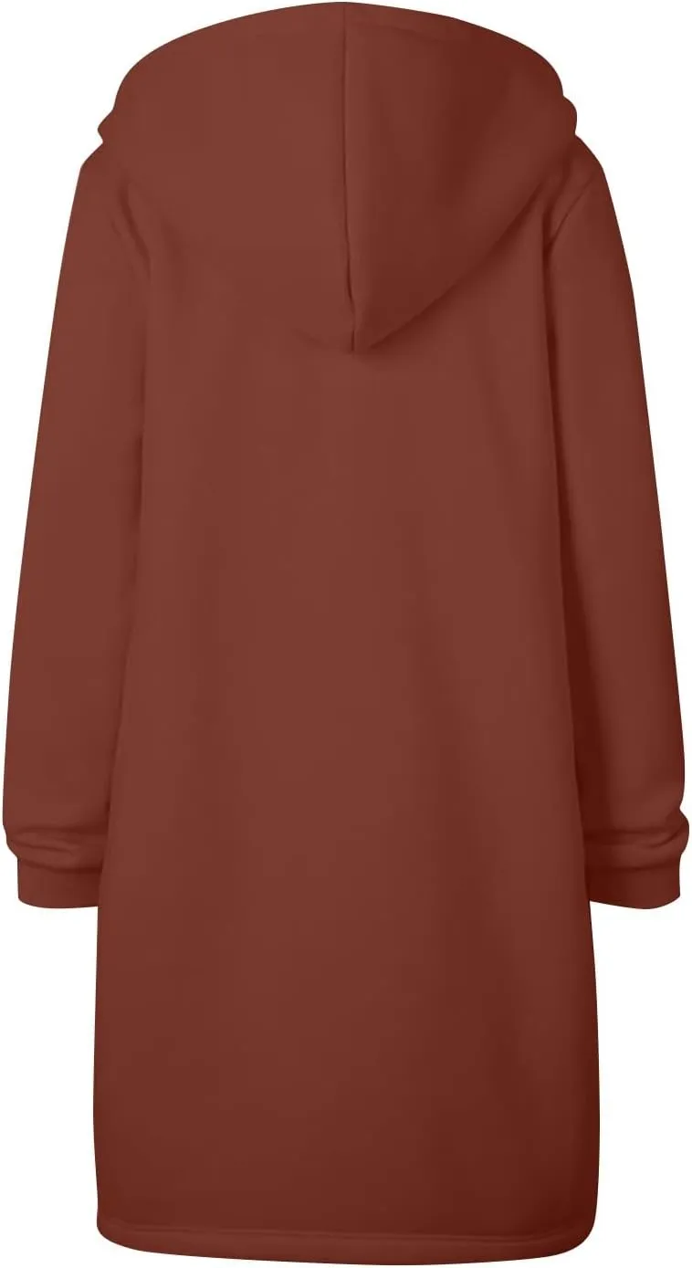Long Hoodie Women Zip Up Tunic Sweatshirt Fall Hooded Jacket Coat Drawstring Open Front Cardigan with Pockets