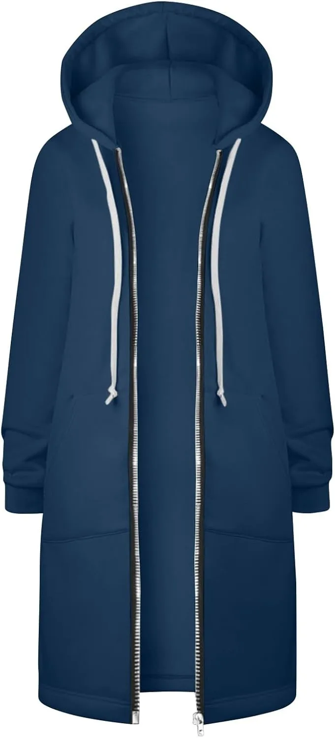 Long Hoodie Women Zip Up Tunic Sweatshirt Fall Hooded Jacket Coat Drawstring Open Front Cardigan with Pockets