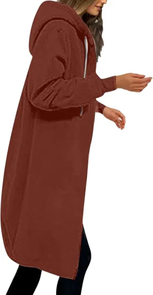 Long Hoodie Women Zip Up Tunic Sweatshirt Fall Hooded Jacket Coat Drawstring Open Front Cardigan with Pockets
