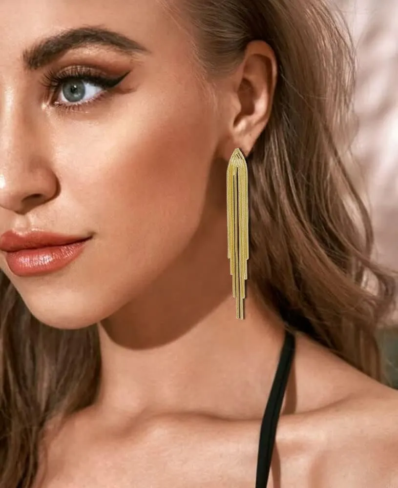 Long Silver Earrings for Women Dangling Gold Tassel Earrings Rose Gold Earrings for Women Long Metal Chain Tassel Dangle Earrings Silver Fringe Earrings Geometric Earrings Bridesmaid Jewelry