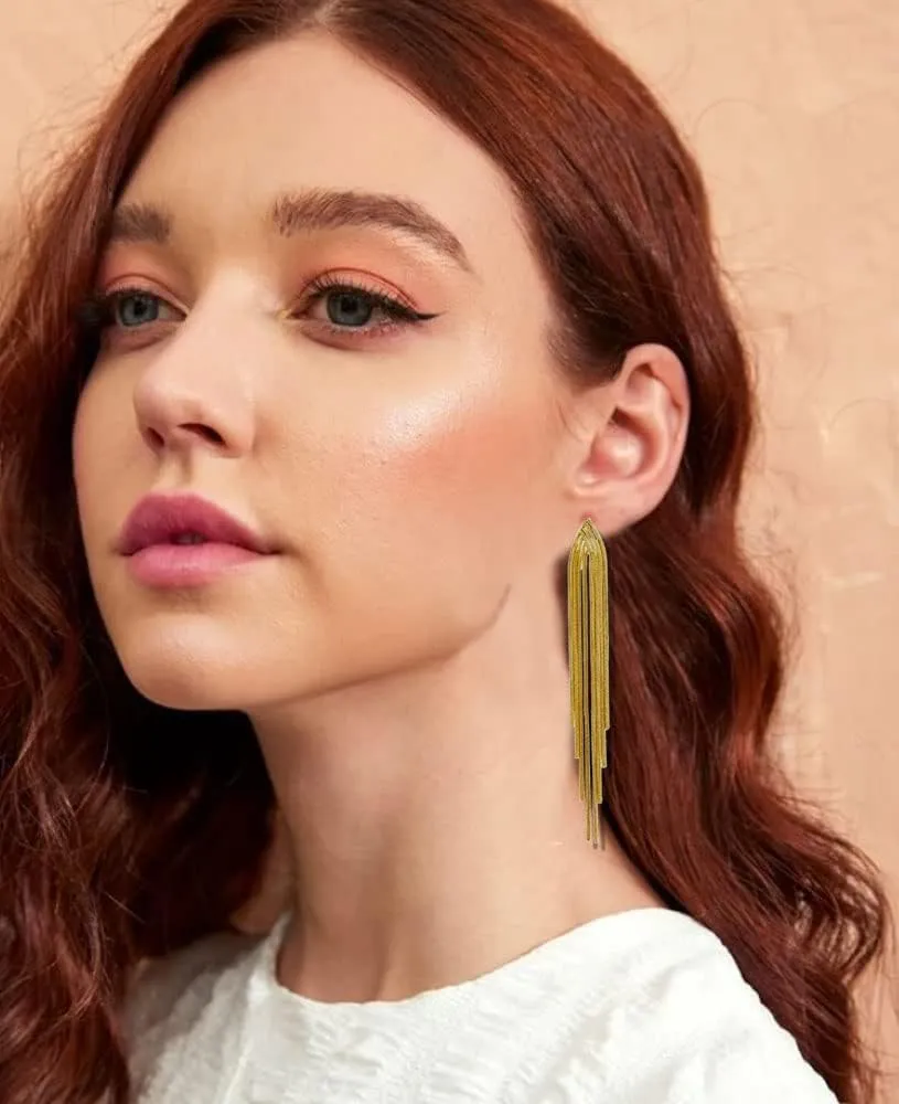 Long Silver Earrings for Women Dangling Gold Tassel Earrings Rose Gold Earrings for Women Long Metal Chain Tassel Dangle Earrings Silver Fringe Earrings Geometric Earrings Bridesmaid Jewelry