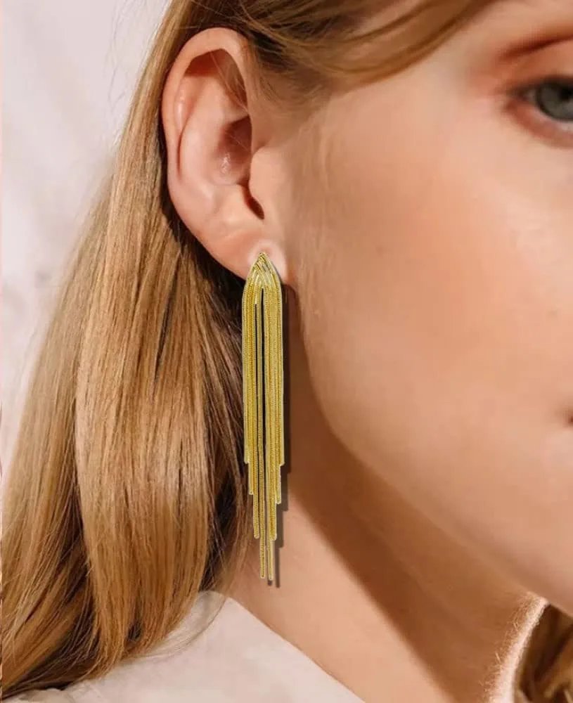 Long Silver Earrings for Women Dangling Gold Tassel Earrings Rose Gold Earrings for Women Long Metal Chain Tassel Dangle Earrings Silver Fringe Earrings Geometric Earrings Bridesmaid Jewelry