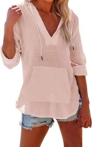 Long Sleeve Shirts for Women Casual V Neck Linen T Shirts Lightweight Pullover Tops Hoodie Sweatshirts Beach Cover Ups