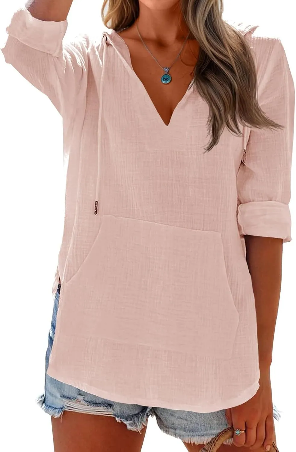 Long Sleeve Shirts for Women Casual V Neck Linen T Shirts Lightweight Pullover Tops Hoodie Sweatshirts Beach Cover Ups