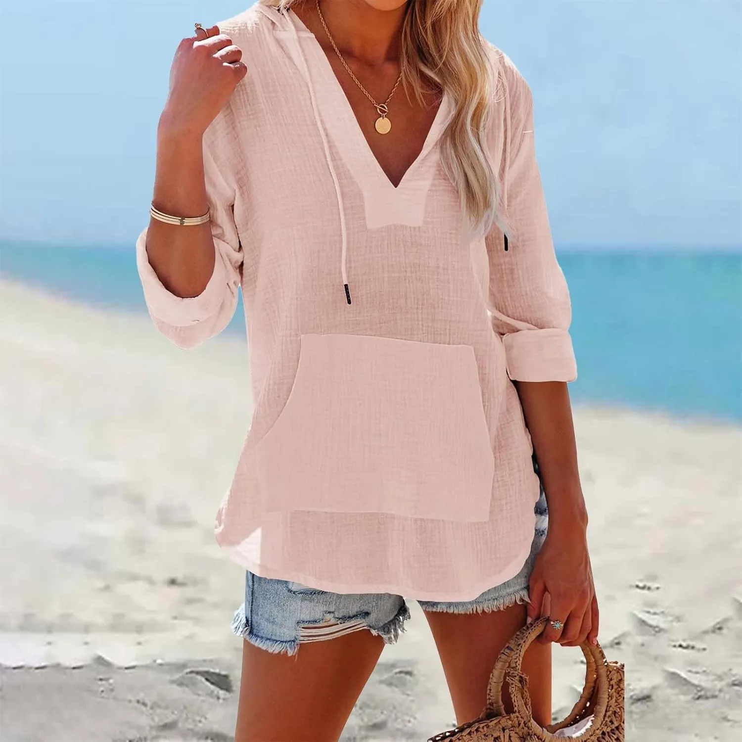 Long Sleeve Shirts for Women Casual V Neck Linen T Shirts Lightweight Pullover Tops Hoodie Sweatshirts Beach Cover Ups