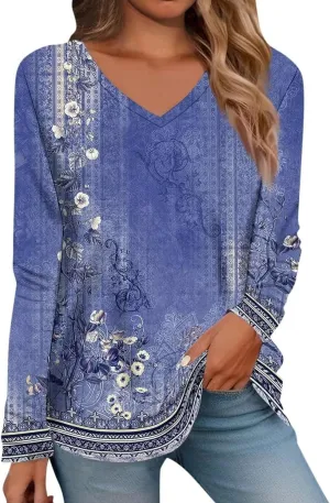 Long Sleeve Shirts for Women Cotton Blouses Dressy Casual Fall 2025 V Neck Spring Tops Floral Print Tees Clothing