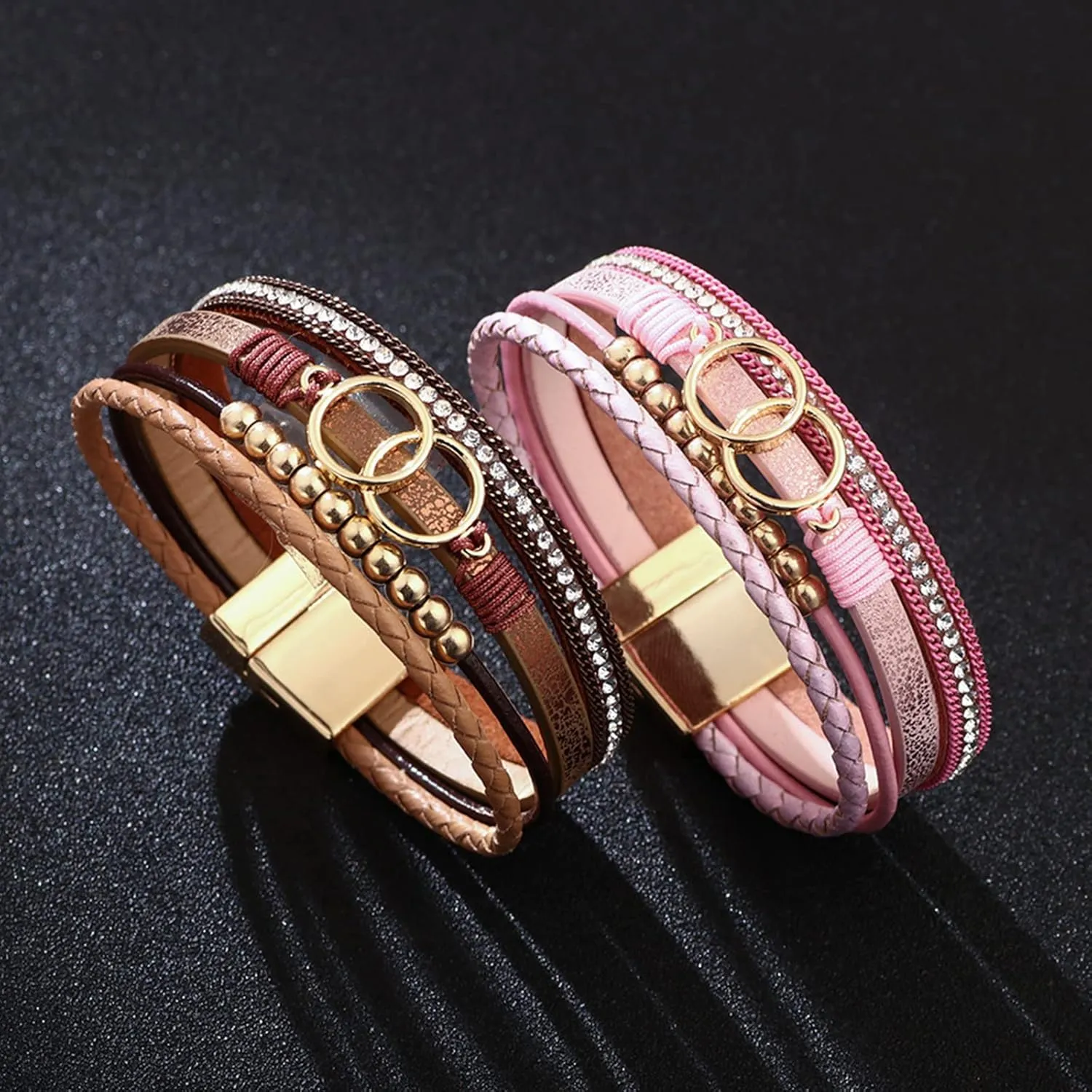 Long tiantian Heart Leather Bracelets for Women Stackable Layered Bangle Cuffs Boho Wrap Bracelets Boho Leather Jewelry Birthday Gifts for Women