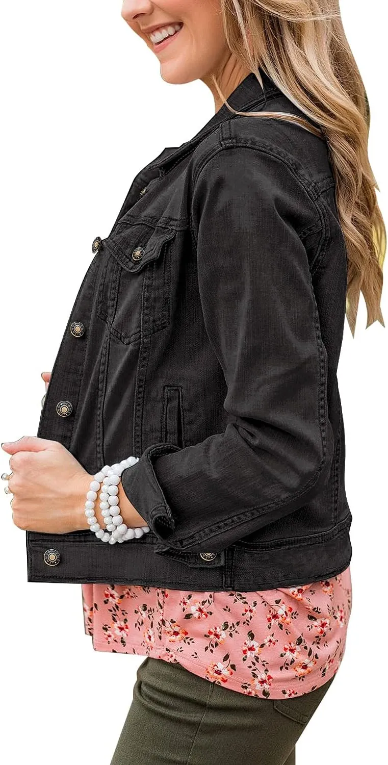 LookbookStore Women's Basic Long Sleeves Button Down Fitted Denim Jean Jackets