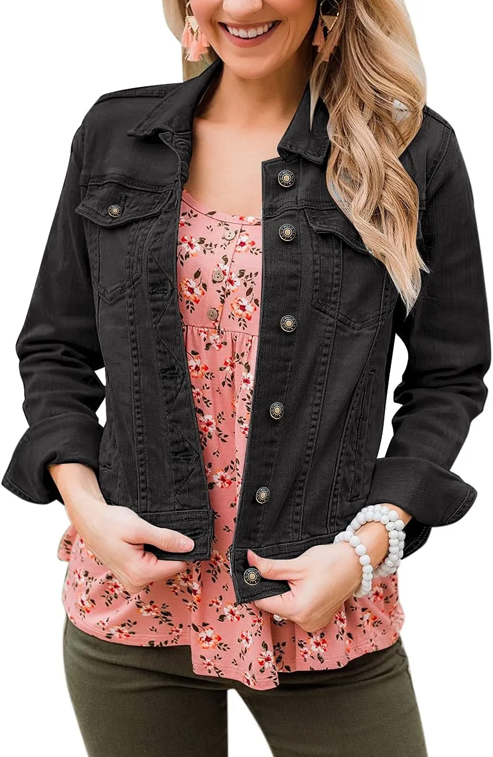 LookbookStore Women's Basic Long Sleeves Button Down Fitted Denim Jean Jackets