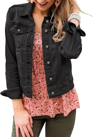 LookbookStore Women's Basic Long Sleeves Button Down Fitted Denim Jean Jackets
