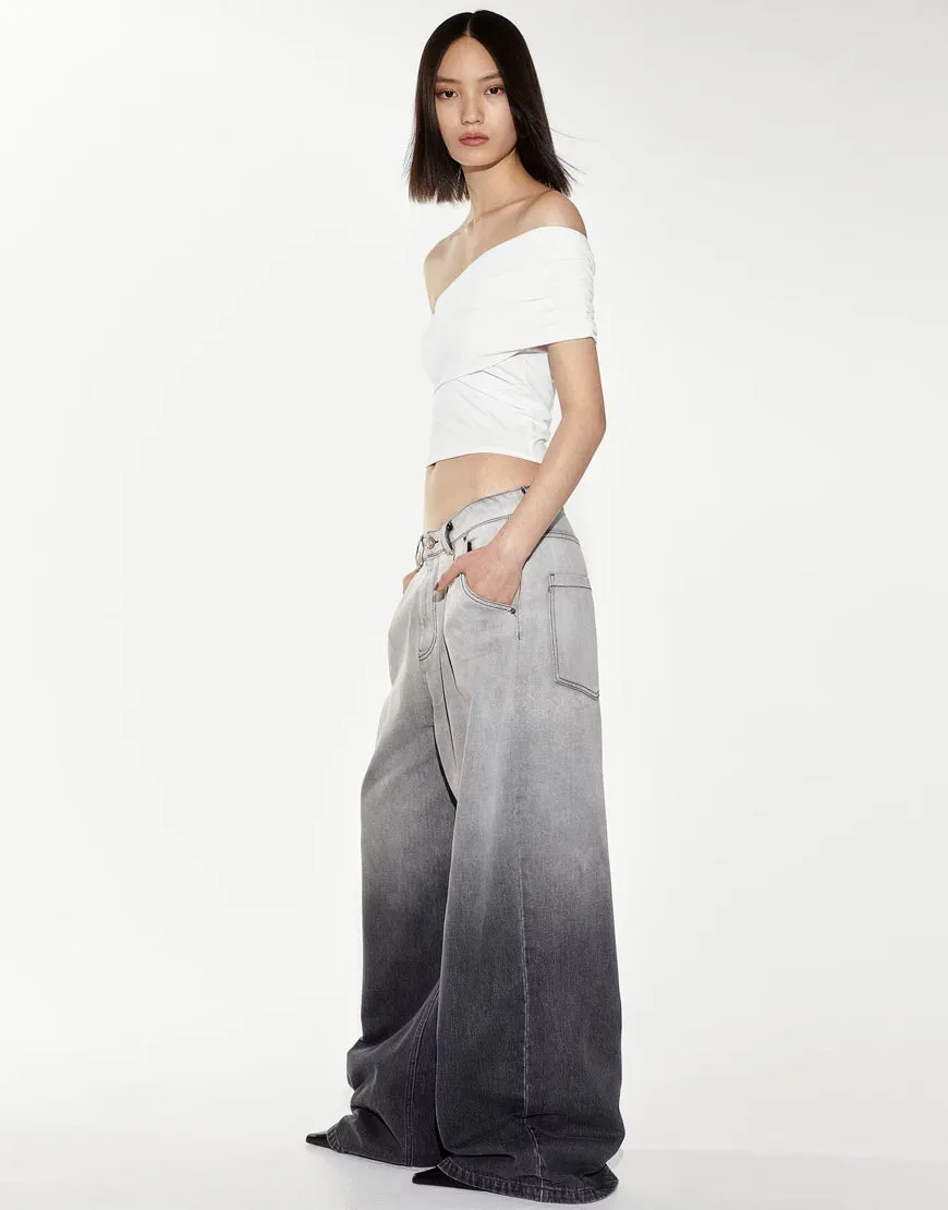 LT1K Black Two-Tone Wide-Leg Jeans.