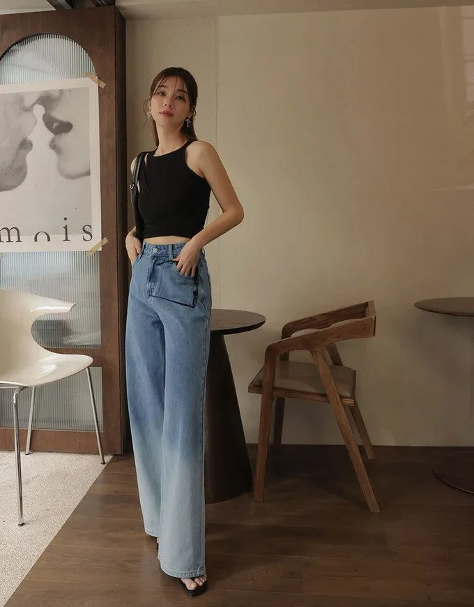 LT1K Blue Two-Tone Wide-Leg Jeans.