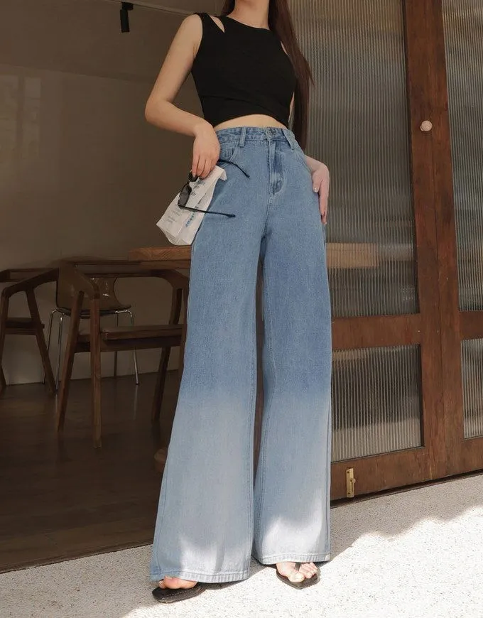 LT1K Blue Two-Tone Wide-Leg Jeans.