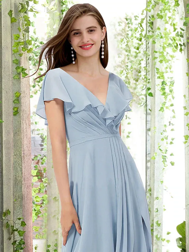 Luolandi A-Line Bridesmaid Dress V Neck Short Sleeve Elegant Floor Length Chiffon with Pleats / Ruffles