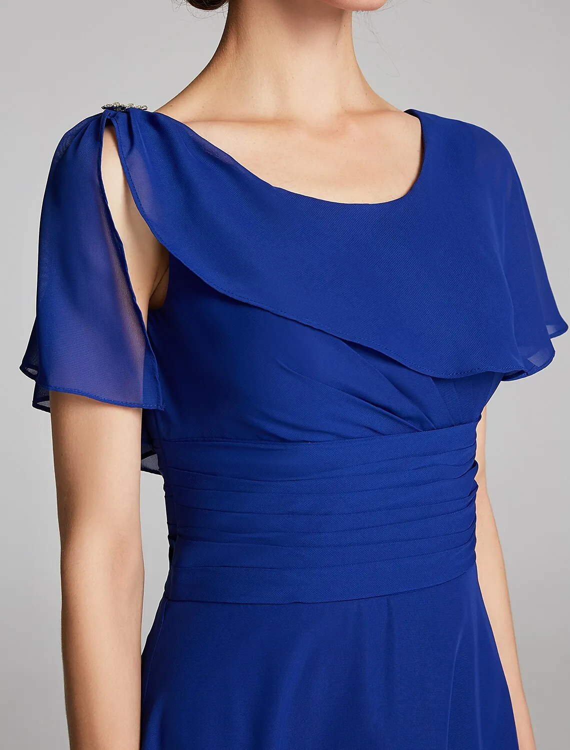 Luolandi A-Line Mother of the Bride Dress Cowl Neck Knee Length Chiffon Short Sleeve Pure Color